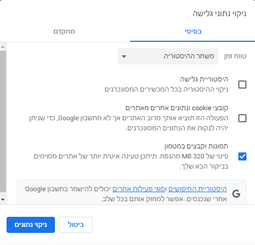 ניקוי נתוני גלישה בכניסה להר הביטוח